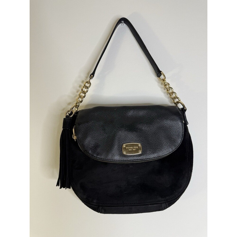 Michael Kors Black Leather Shoulder Bag Gold Chain Tassel Purse